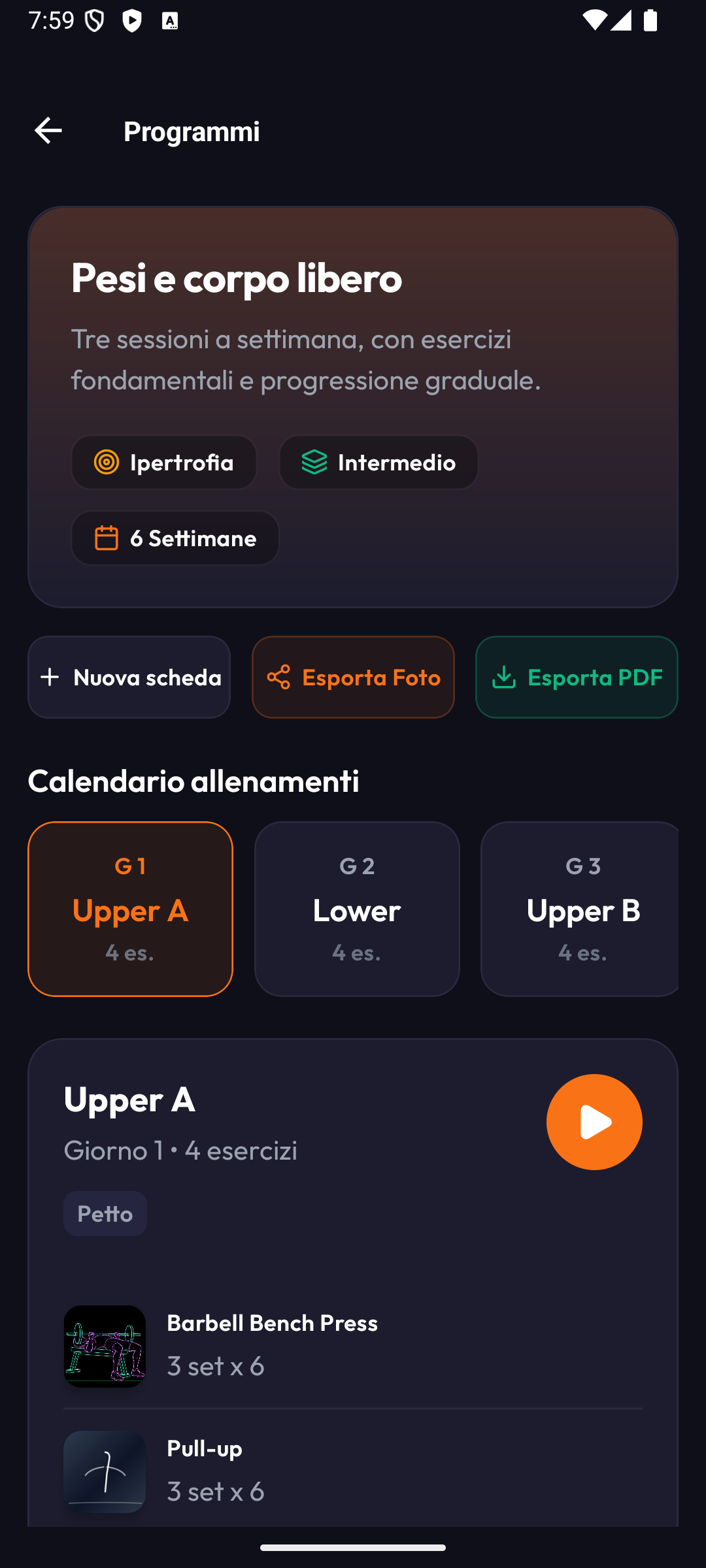 Schermata Hittalo: programma e calendario degli allenamenti.